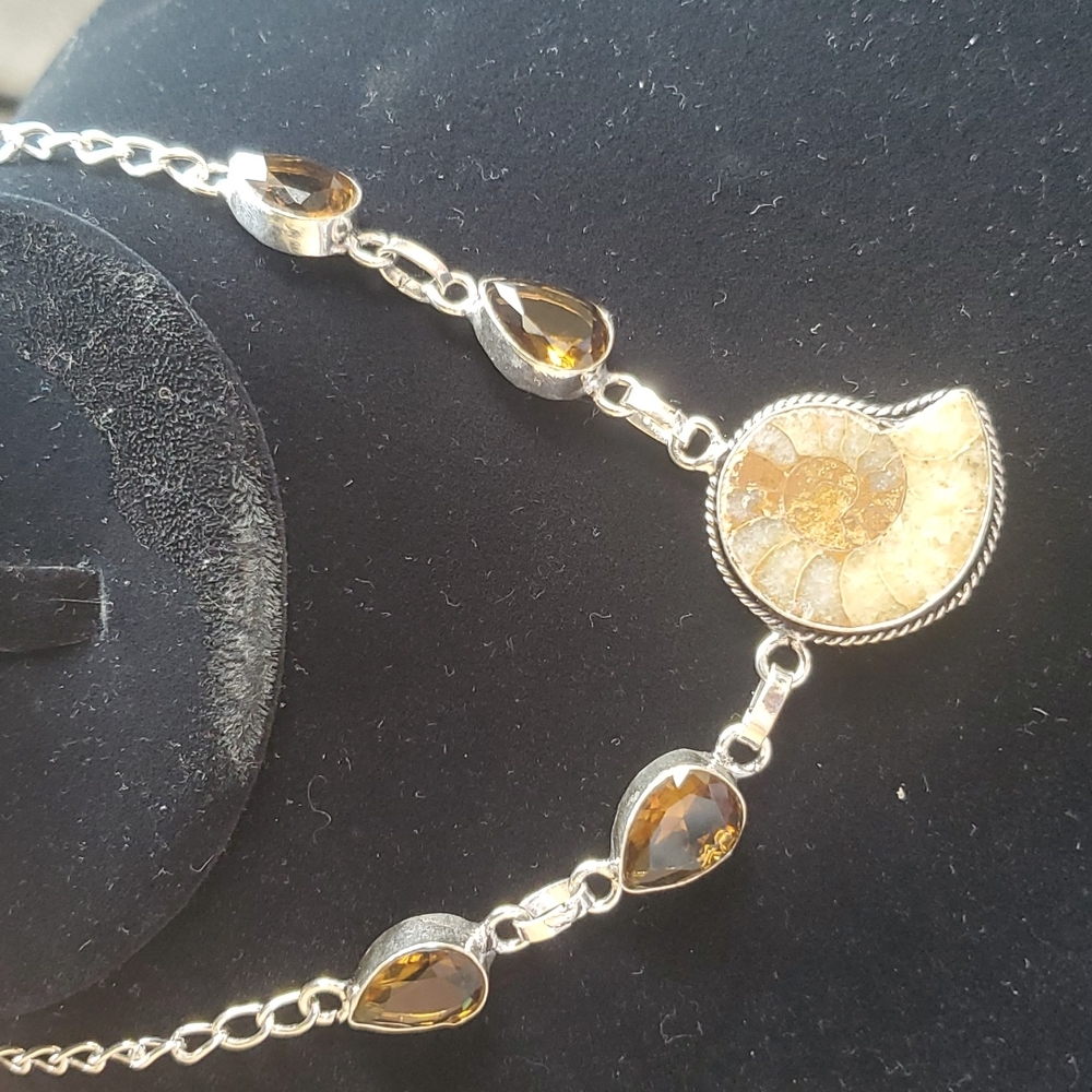 New Ammonite Fossil and Smoky Topaz 925 Silver Necklace. - Picture 11 of 16
